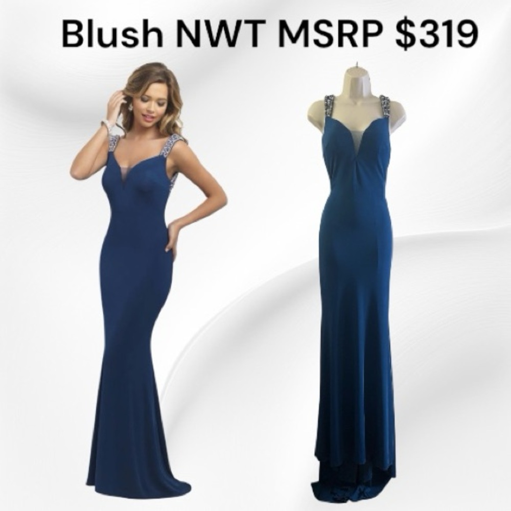 Blush NWT Evening Gown Style 11135 Mediterranean Blue Beaded Straps Size 0
